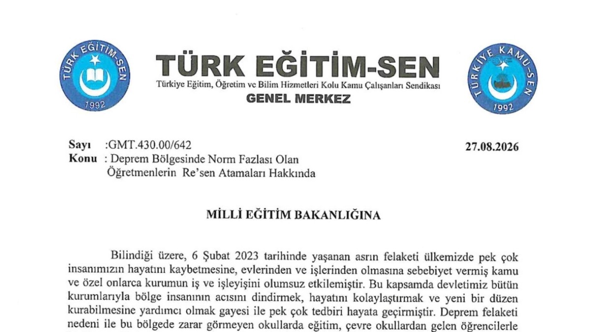 Türk Eğitim-Sen’den MEB’e deprem bölgesi başvurusu: ‘Öğretmenler yeni mağduriyet yaşamasın’